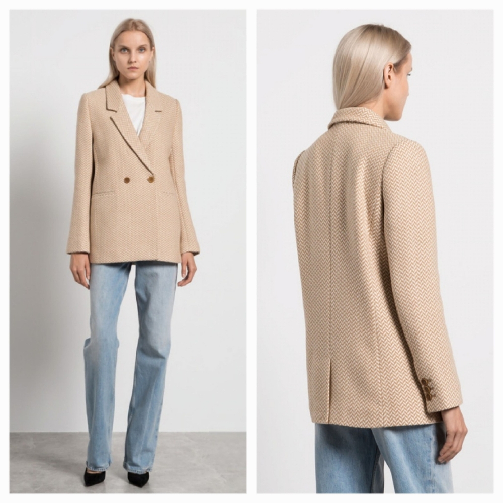 Anine Bing Beige Textured Double-Breasted Blazer